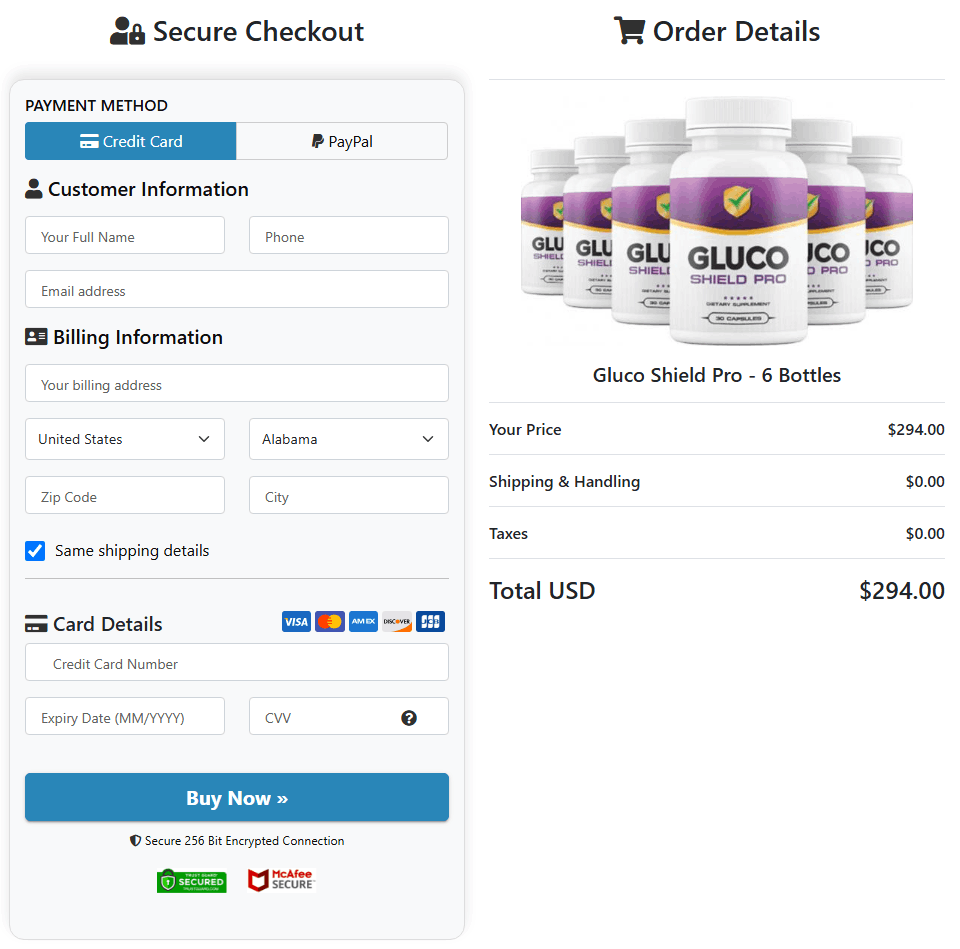 Gluco Shield Pro checkout page